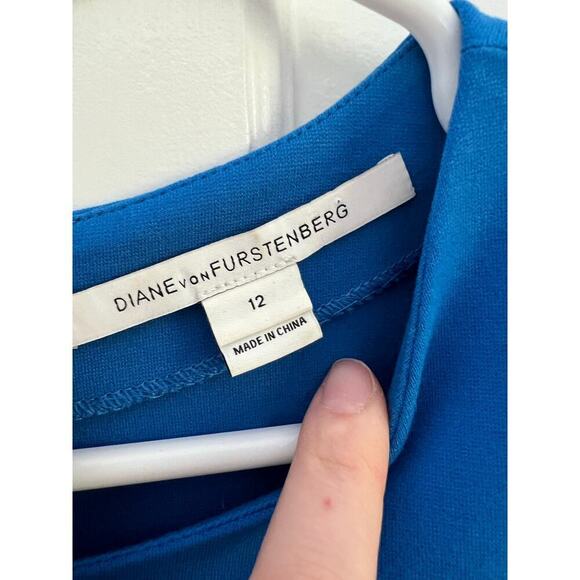 Diane Von Furstenberg Women's 12 Dress Blue Pele Leather Panel Mini Bodycon FLAW - Picture 4 of 16